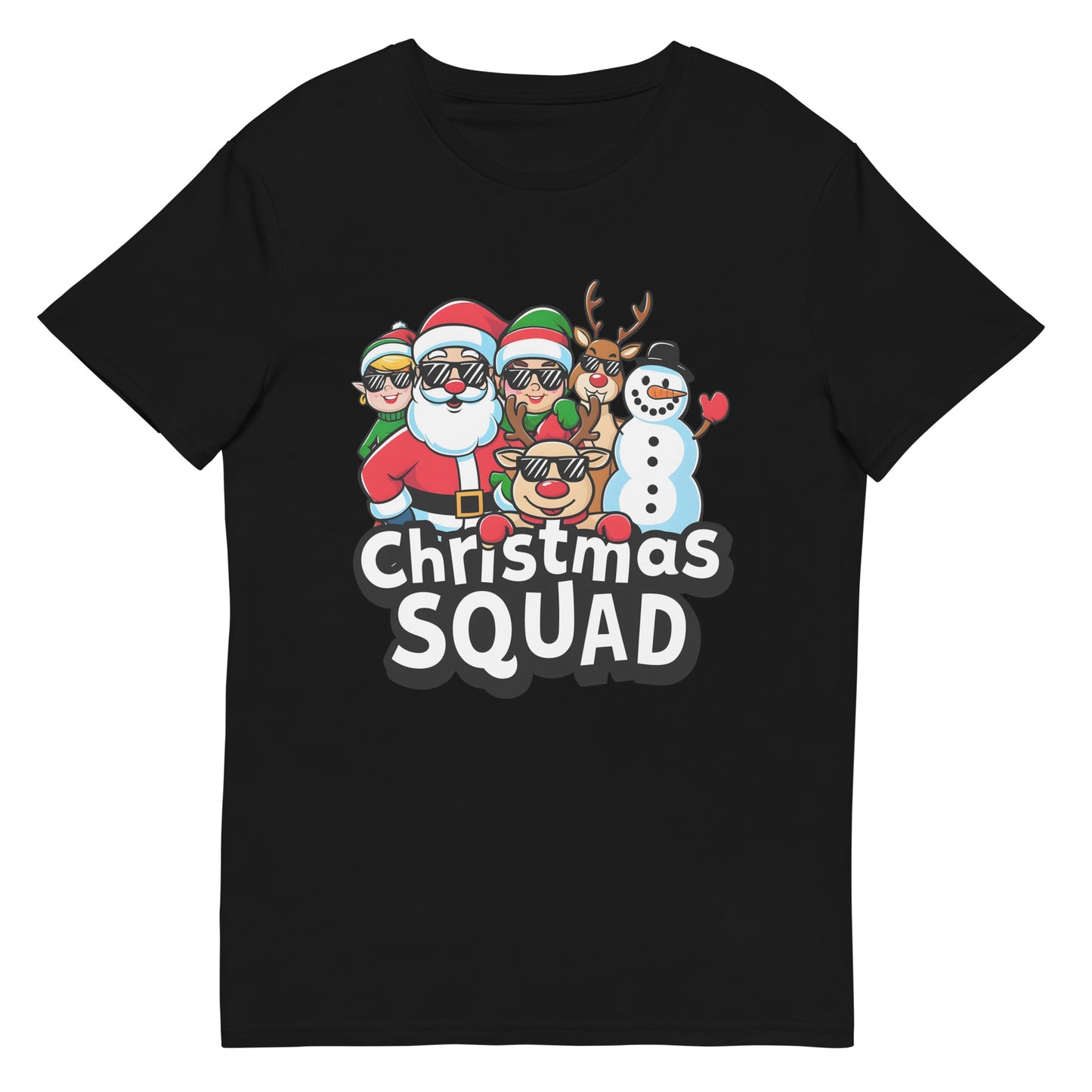 White t-shirt with Santa, reindeer, snowman, elves and text “Christmas Squad”