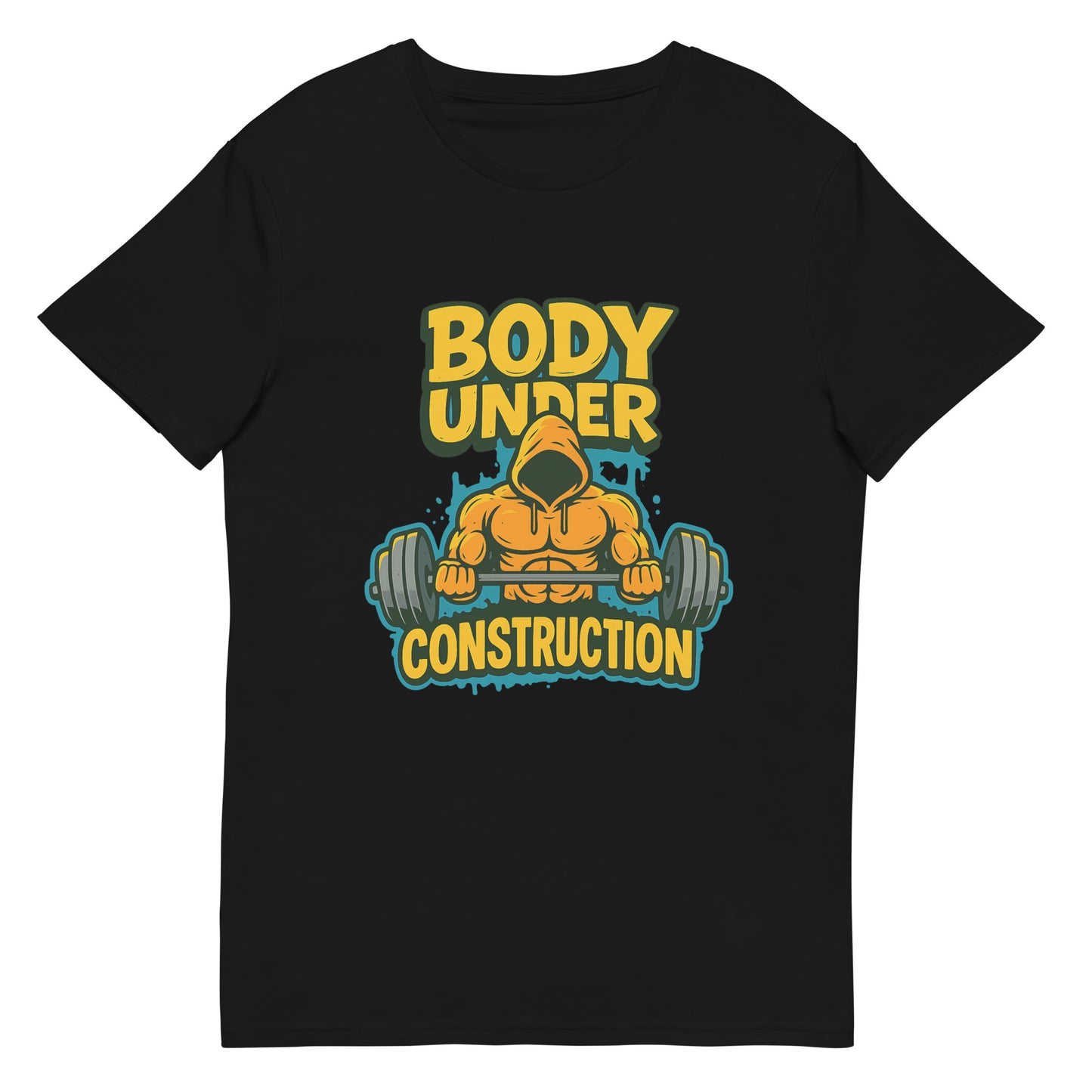 Body Under Construction gym t-shirt with bold DTF printed bodybuilding graphic in yellow and teal