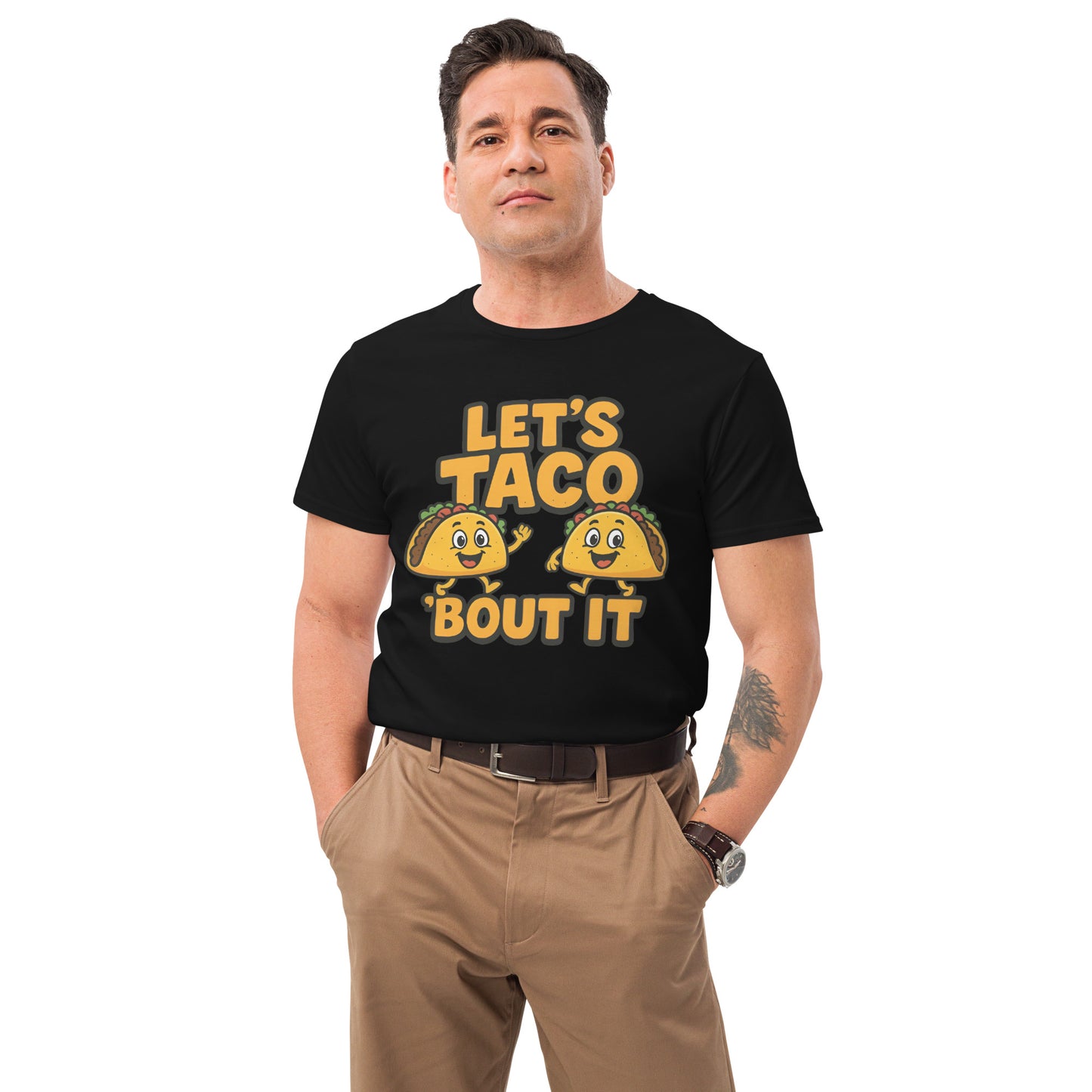 Let’s Taco ’Bout It funny graphic t-shirt with smiling taco design in yellow and green DTF print