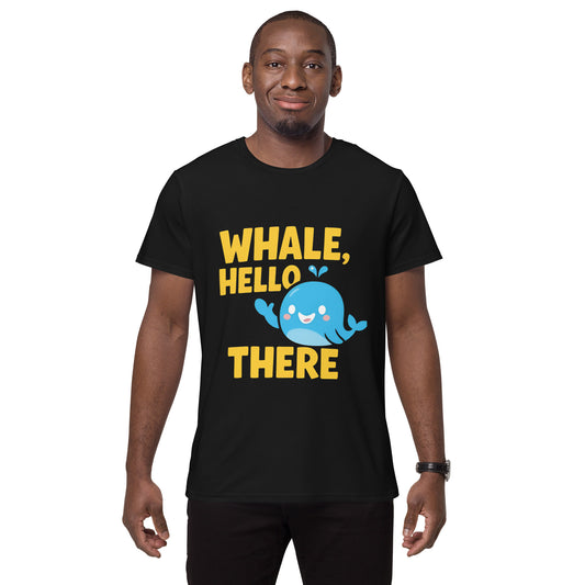 Whale Hello There t-shirt with cute blue whale cartoon design in DTF print