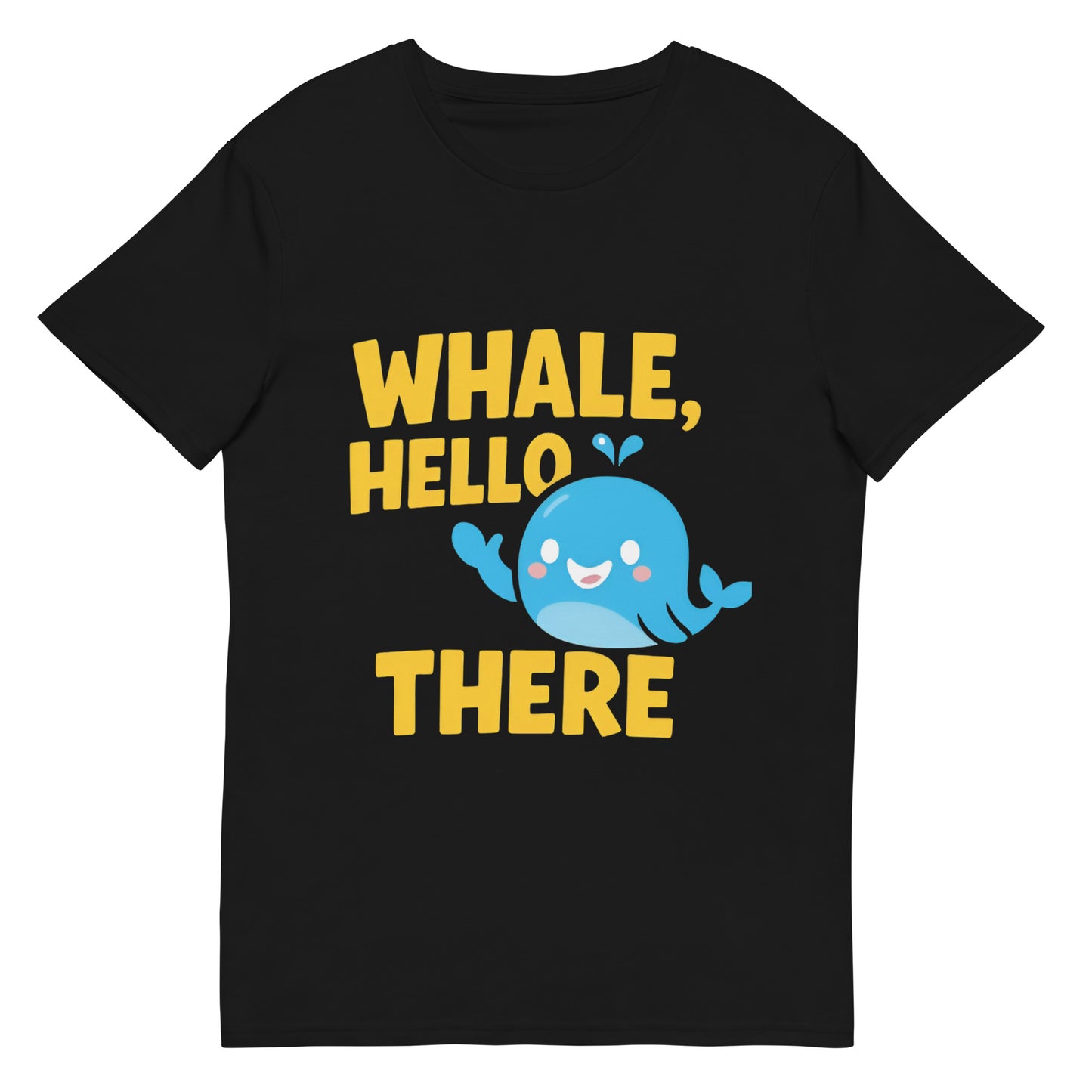 Whale Hello There t-shirt with cute blue whale cartoon design in DTF print