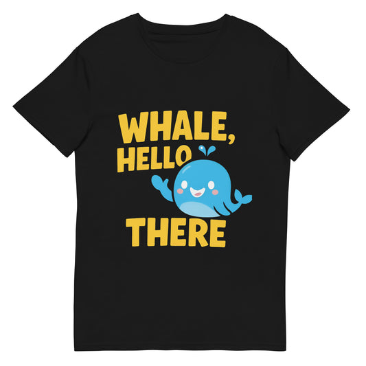 Whale Hello There t-shirt with cute blue whale cartoon design in DTF print
