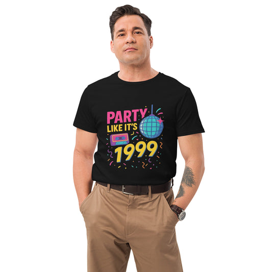 Party Like It’s 1999 funny retro graphic t shirt with disco ball and cassette design in colourful DTF print