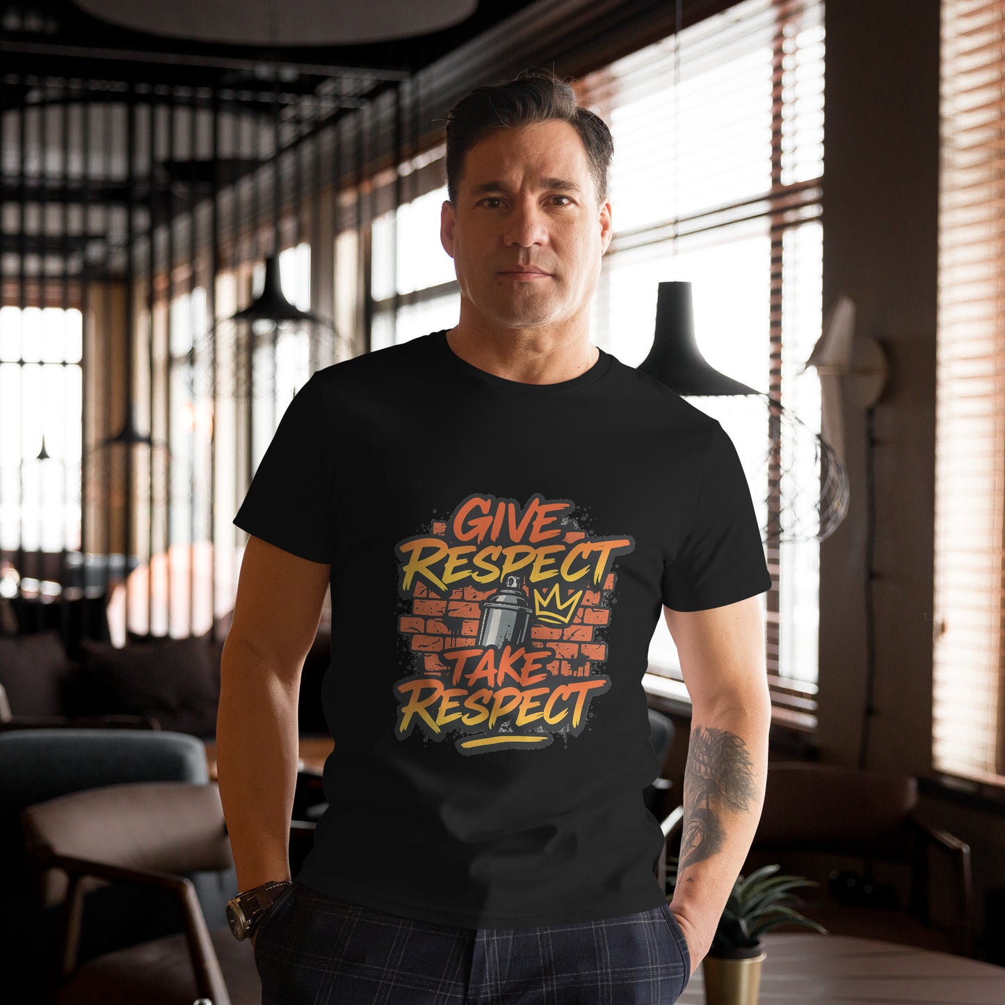 Give Respect Take Respect graffiti streetwear t shirt with spray can and crown design in DTF print