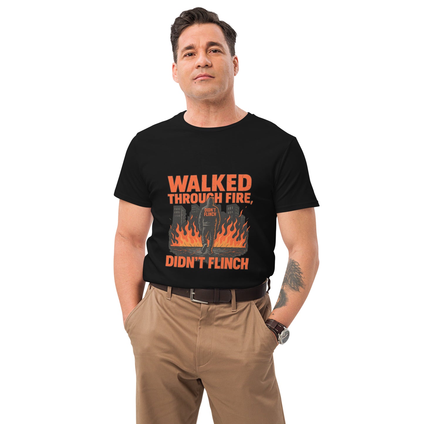 Walked Through Fire Didn’t Flinch motivational streetwear t shirt with bold flame graphic in DTF print