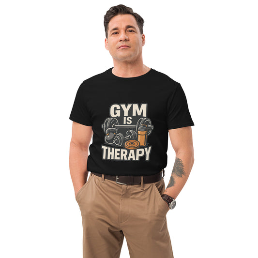 Gym Is Therapy motivational gym t shirt with dumbbell and barbell design DTF print