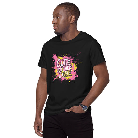 White t-shirt with colourful text “Cute You Think I Care” and paint splatter