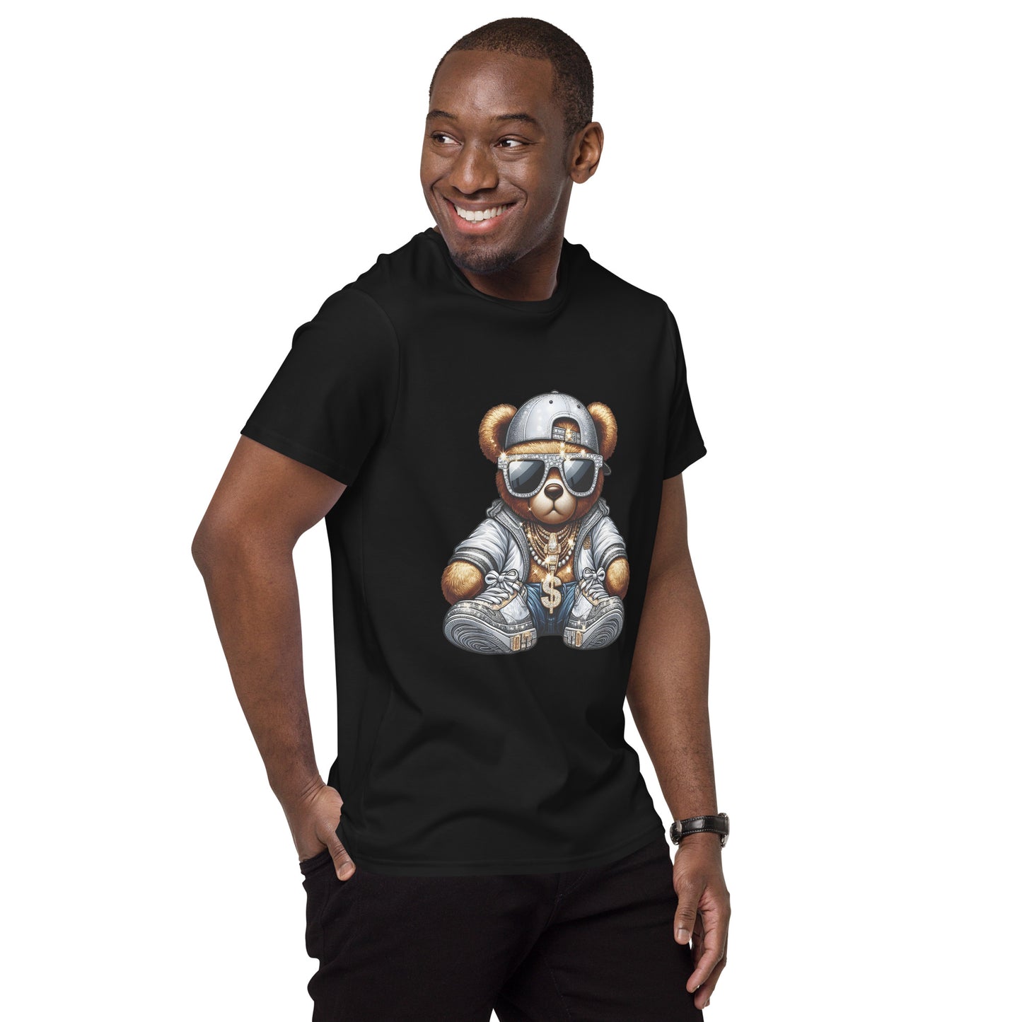 Gangster bear wearing grey streetwear outfit, gold chains, and sunglasses