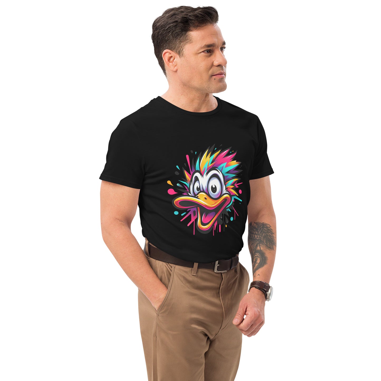 Funny colourful cartoon duck graphic on t-shirt for men and women.