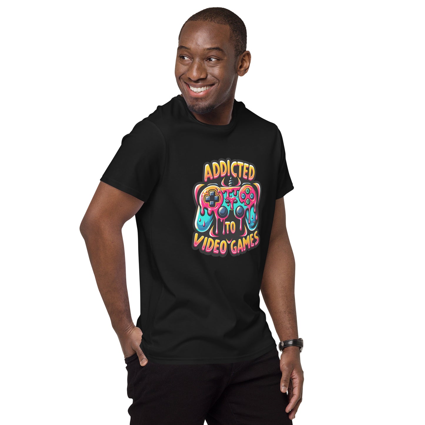 "Dripping video game controller design on Addicted to Video Games T-shirt"