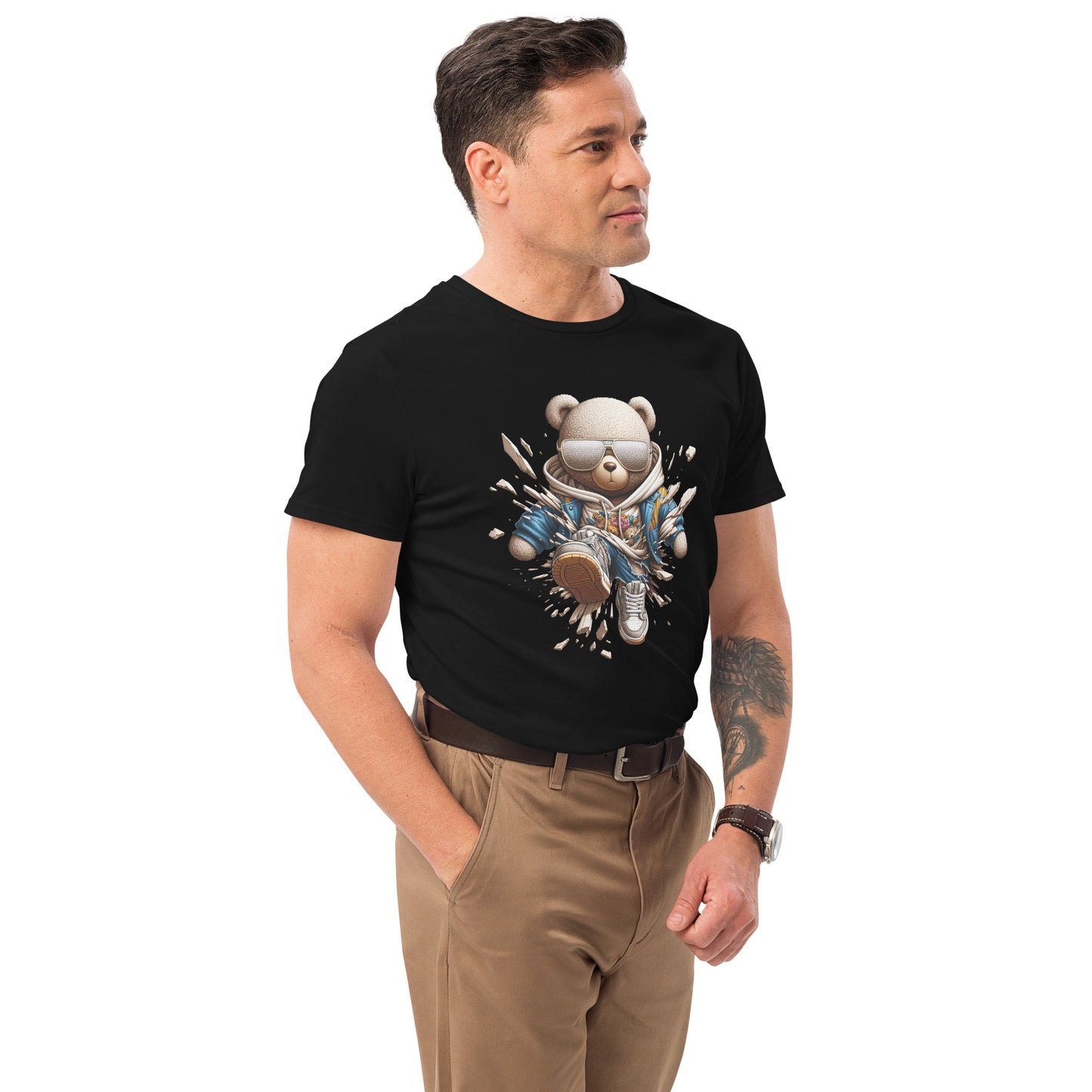 Cool teddy bear streetwear graphic t-shirt with hoodie and sunglasses.