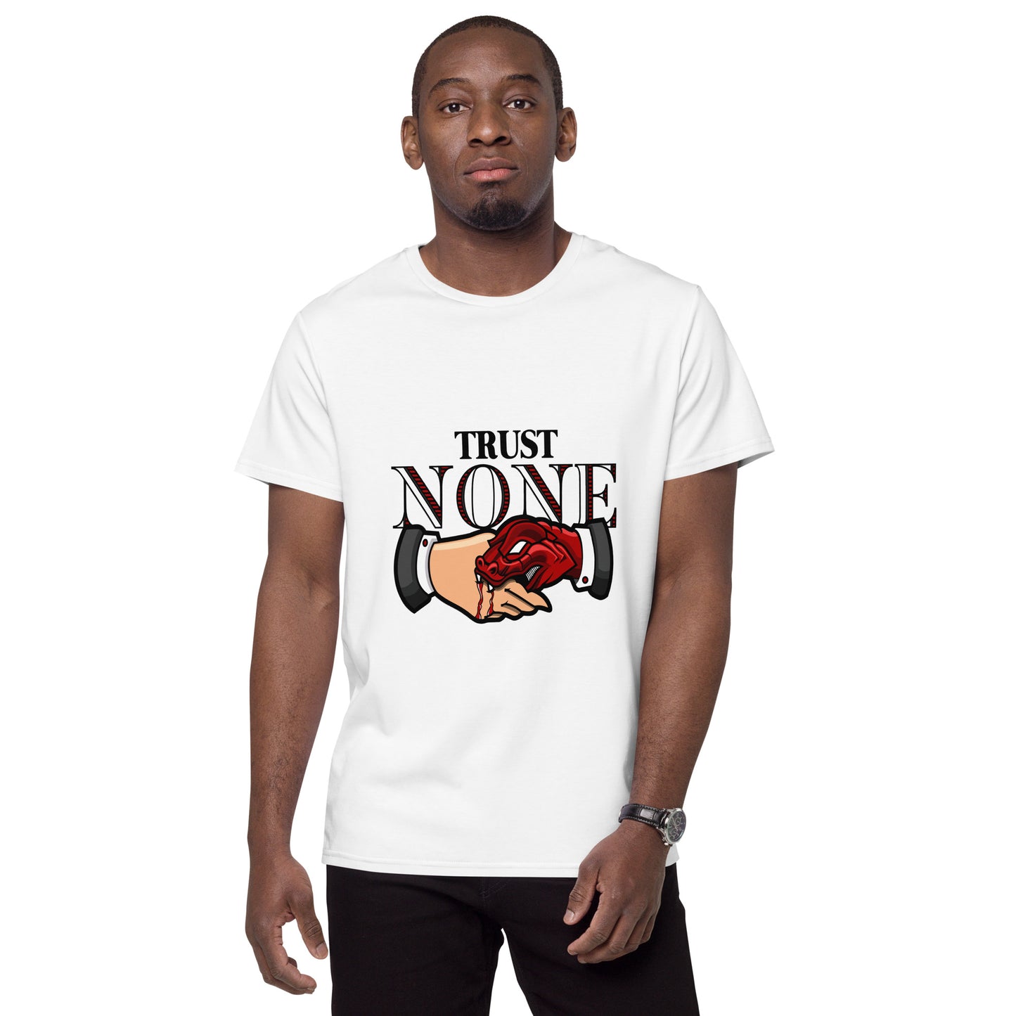 Trust None T-shirt with snake-hand handshake and bold message