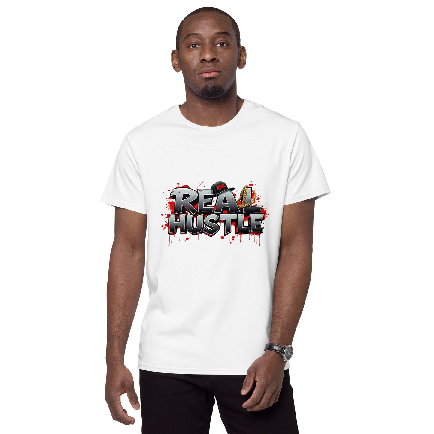 Real Hustle graphic t-shirt design with metallic lettering, gold chain, cap and red paint splatter background