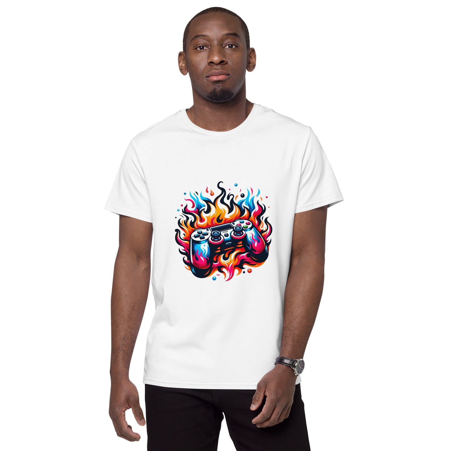 Cool gamer t-shirt with flaming video game controller graphic