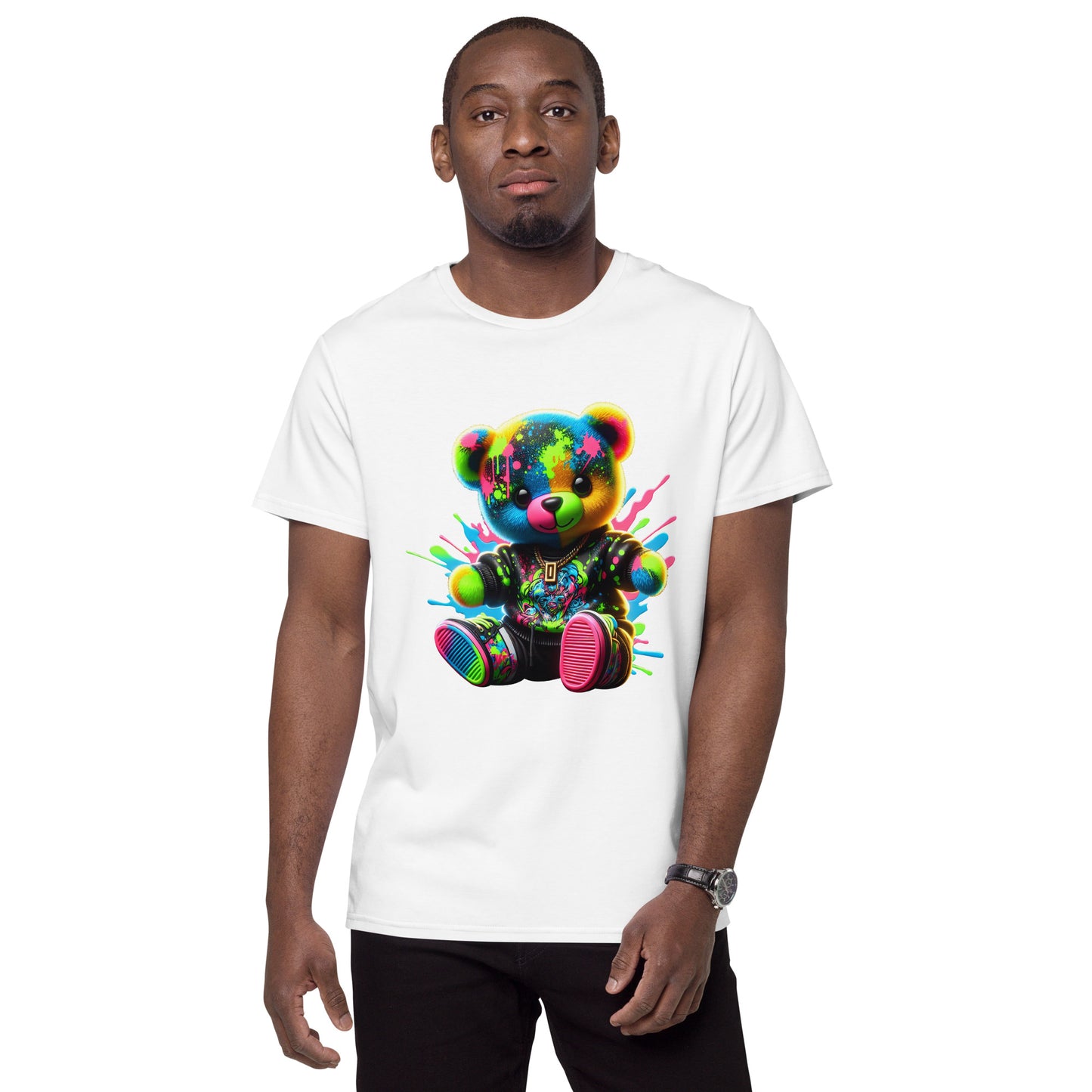 Neon Graffiti Teddy Bear streetwear t shirt with bright colourful design and graffiti style DTF print