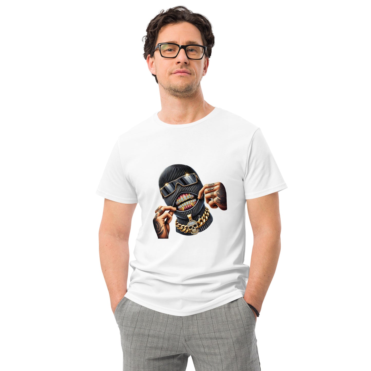 Illustration of a gangster wearing a ski mask with gold diamond grillz, sunglasses, and a gold skull chain