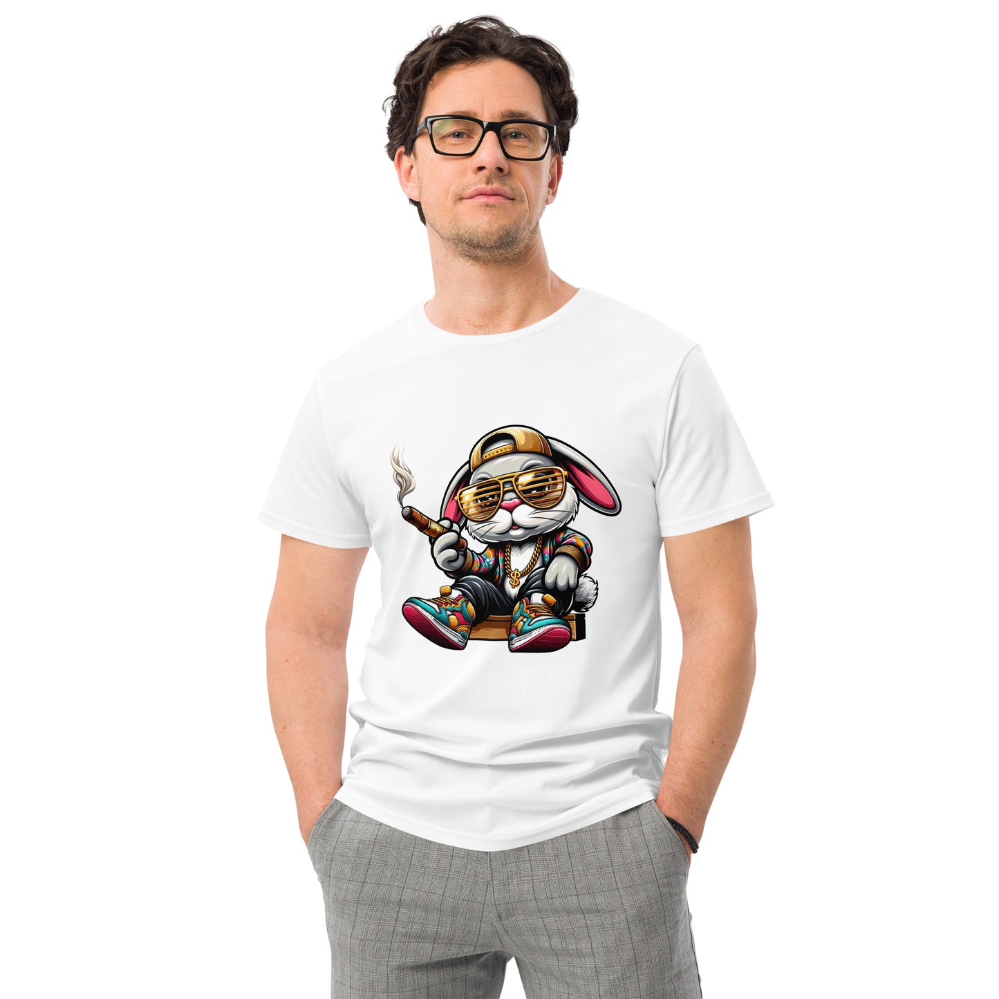 Cartoon bunny in sunglasses smoking a cigar, wearing colourful sneakers and gold chains – street-style.
