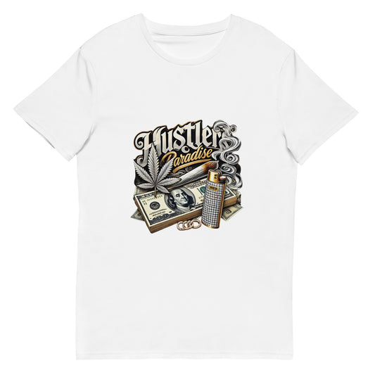 "Hustler's Paradise 420 graphic design with cash, weed leaf, smoke, and diamond lighter on black"