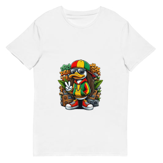 Cartoon reggae duck wearing rasta colours with boom box and peace sign