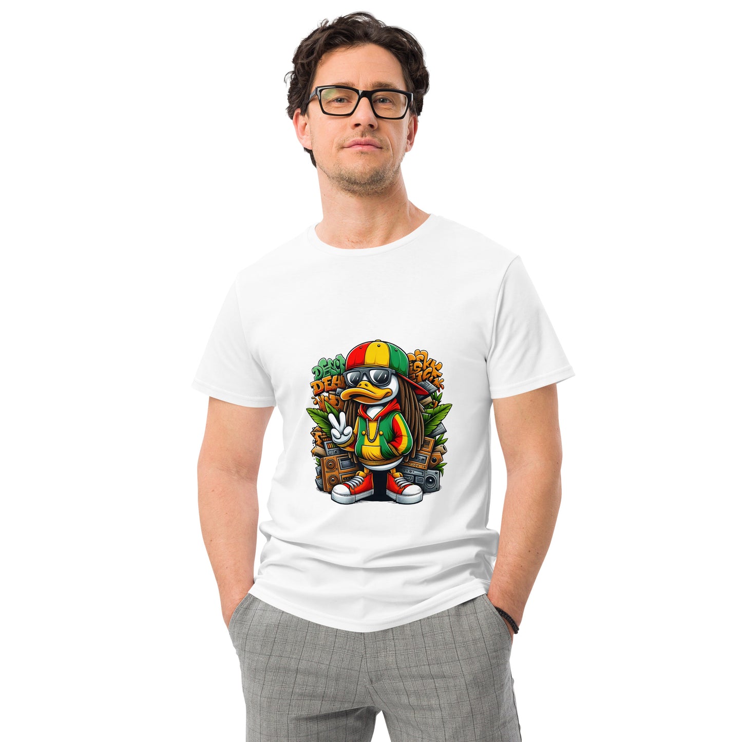 Cartoon reggae duck wearing rasta colours with boom box and peace sign