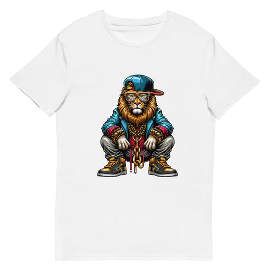 Gangster lion graphic wearing snapback, gold chains, and sneakers.