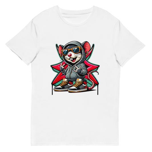Cartoon gangster mouse in hoodie graphic on white streetwear t-shirt