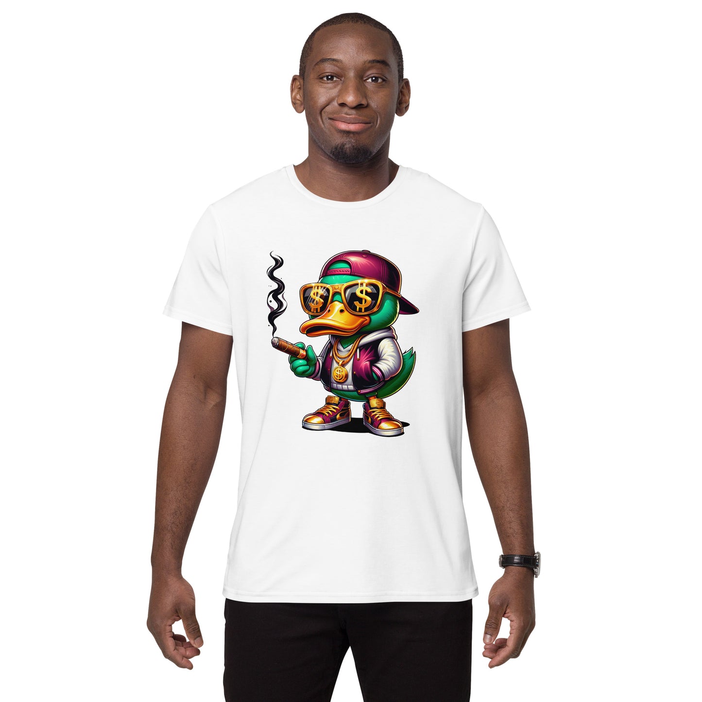 cartoon duck wearing gold chains dollar glasses smoking cigar graphic t-shirt