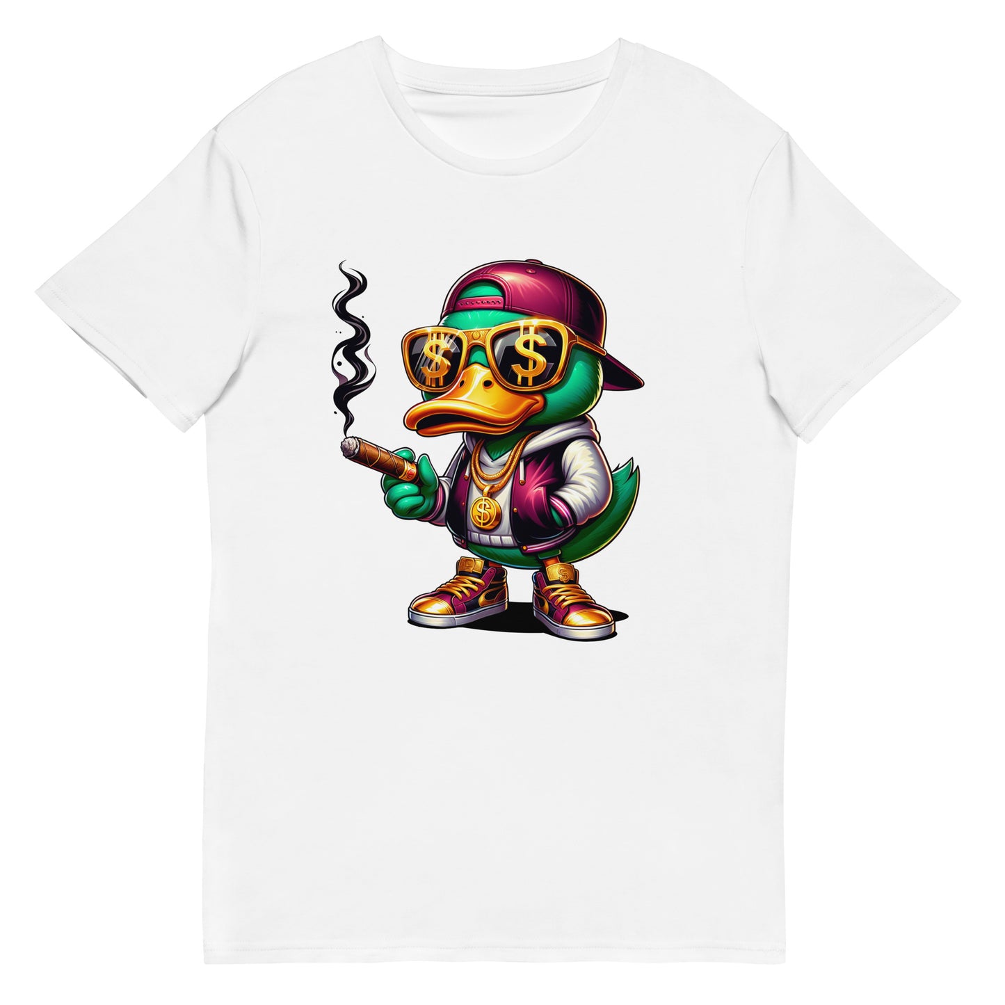 cartoon duck wearing gold chains dollar glasses smoking cigar graphic t-shirt