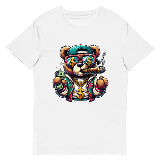 cartoon bear holding money wearing gold chains smoking cigar graphic t-shirt