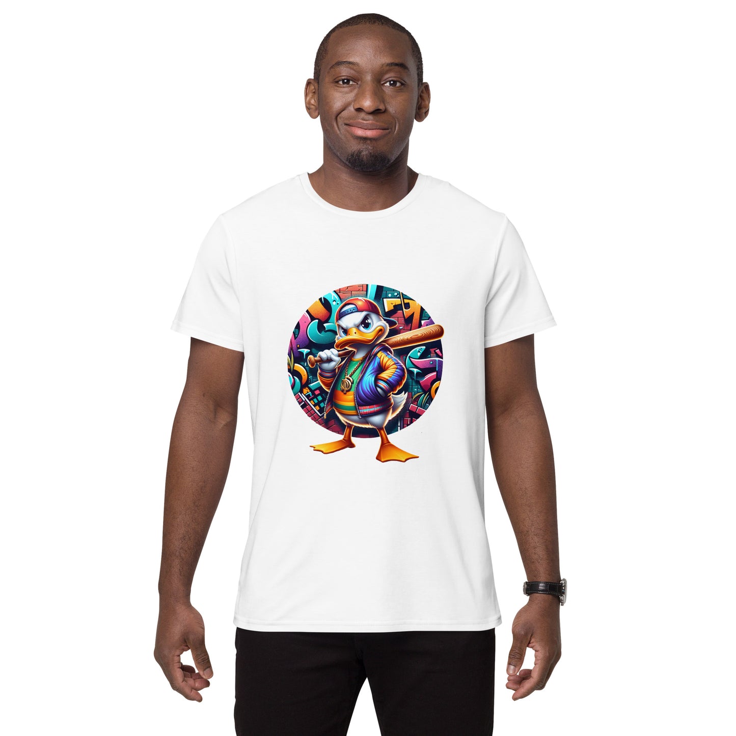 graffiti duck holding baseball bat cartoon streetwear t-shirt design urban artwork