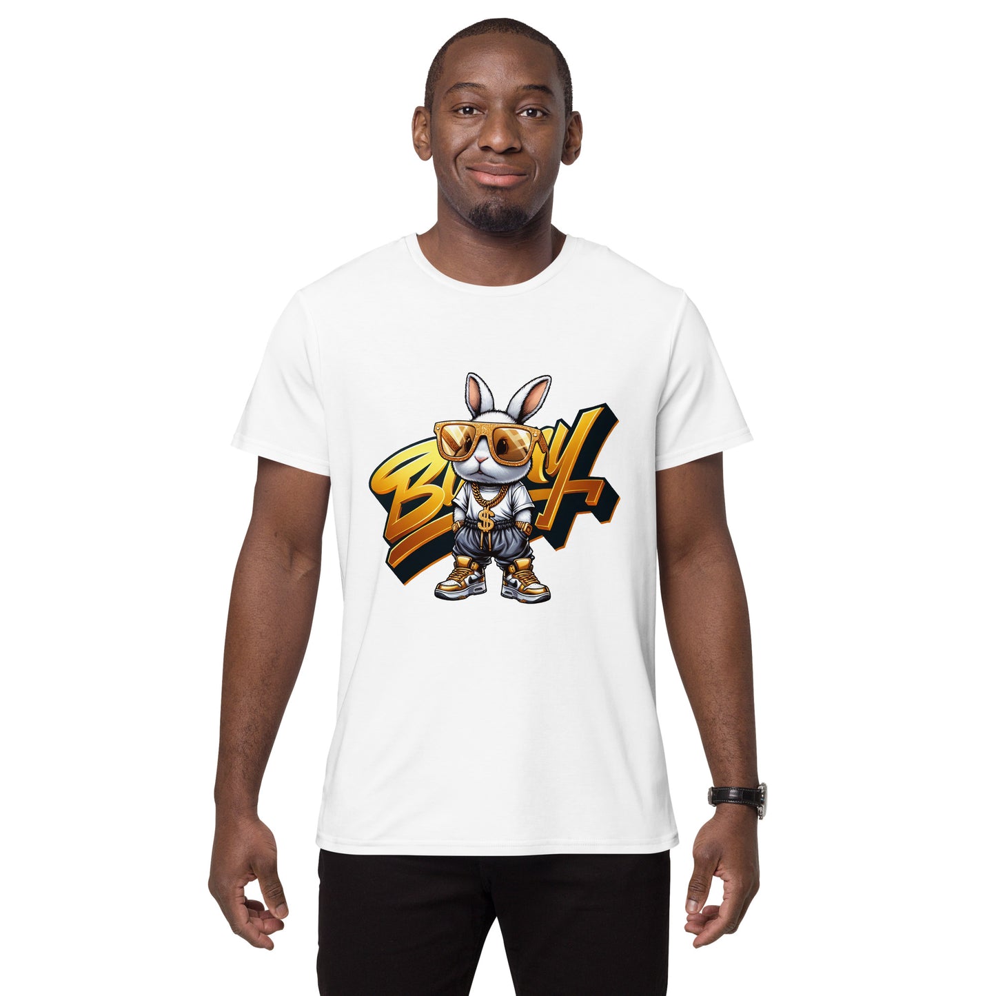 Cartoon bunny in gold sunglasses and chains, dressed in hip hop streetwear with gold shoes.