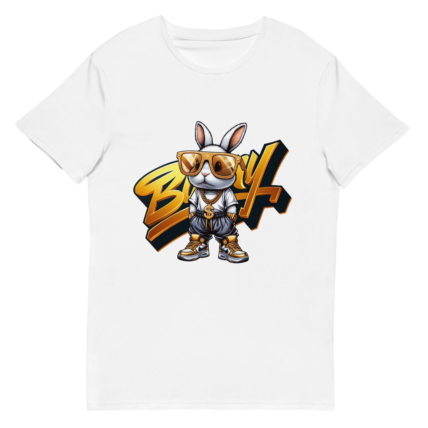 Cartoon bunny in gold sunglasses and chains, dressed in hip hop streetwear with gold shoes.