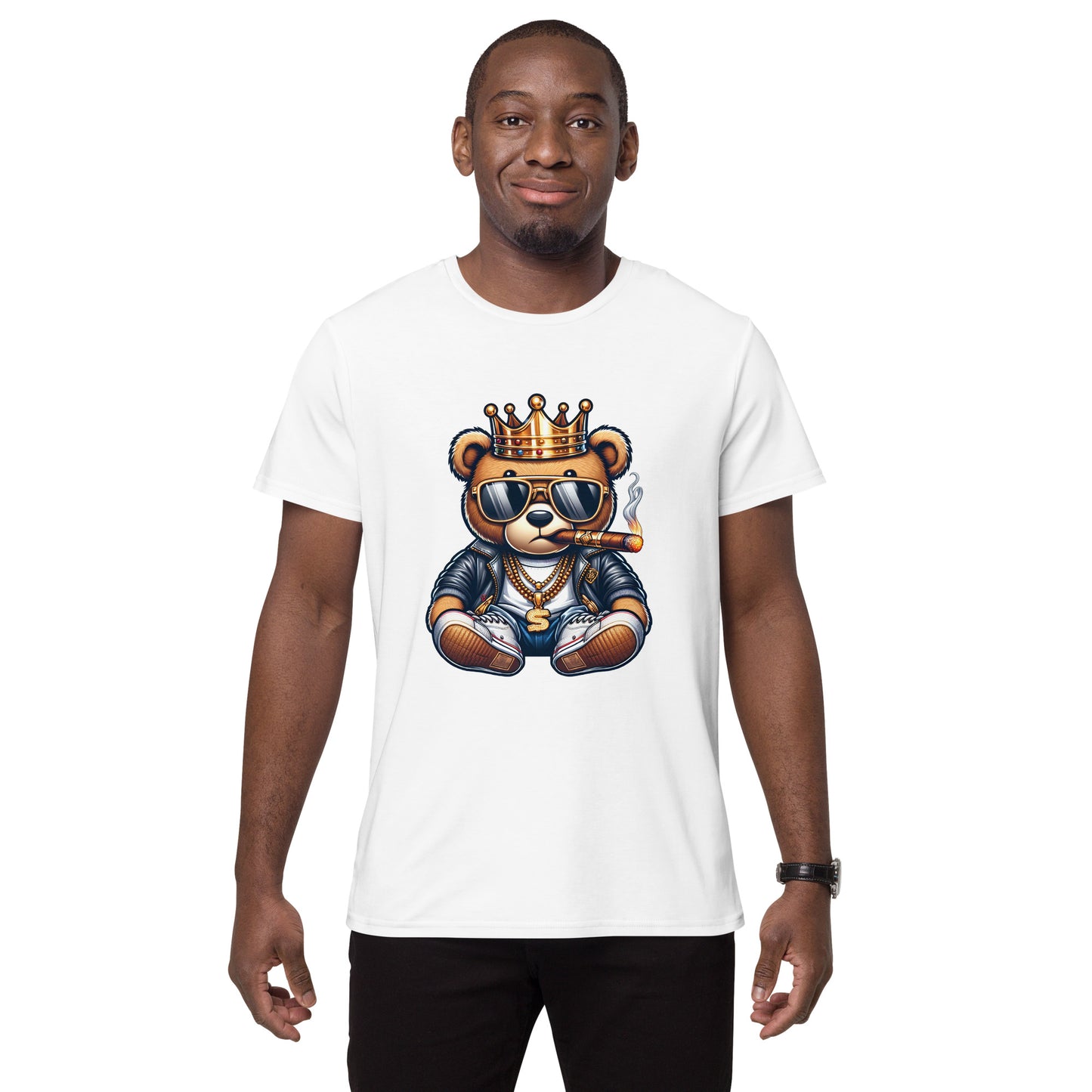 Gangsta teddy bear with crown, sunglasses, gold chains and cigar printed on white t-shirt.