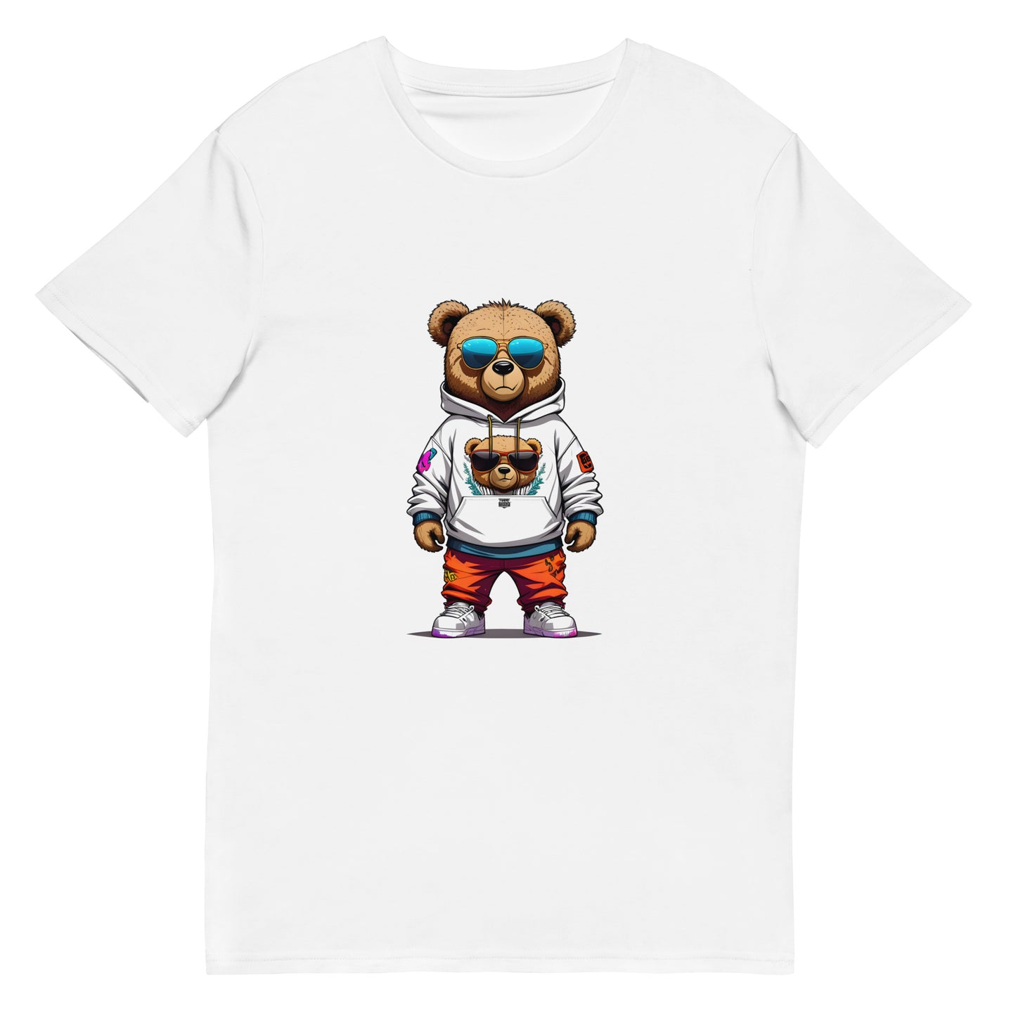 "Street style teddy bear in hoodie, shades and sneakers graphic on t-shirt"