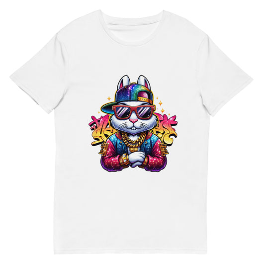 Cartoon bunny wearing sunglasses, snapback hat and gold chain on a colourful urban-style graphic t-shirt