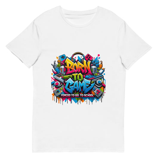 Born to Game graffiti t-shirt with colourful gaming-themed artwork, worn by male model