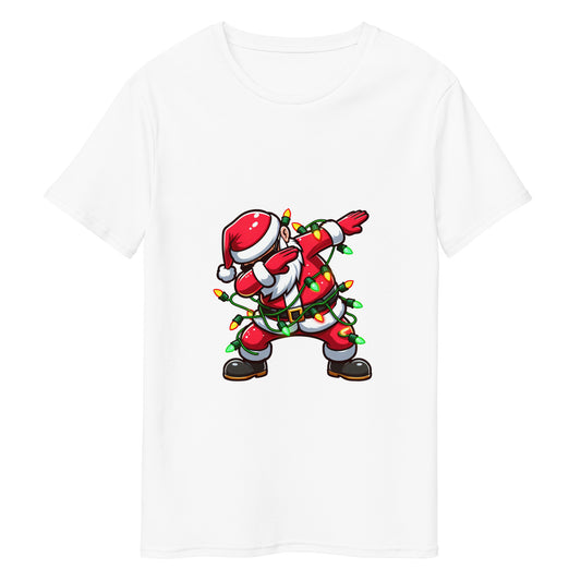 Funny Christmas t-shirt with Santa Claus dabbing and wrapped in colourful fairy lights