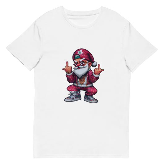 Cool gangster Santa Claus in streetwear with gold chains and sneakers, flipping the bird – bold Christmas graphic design.
