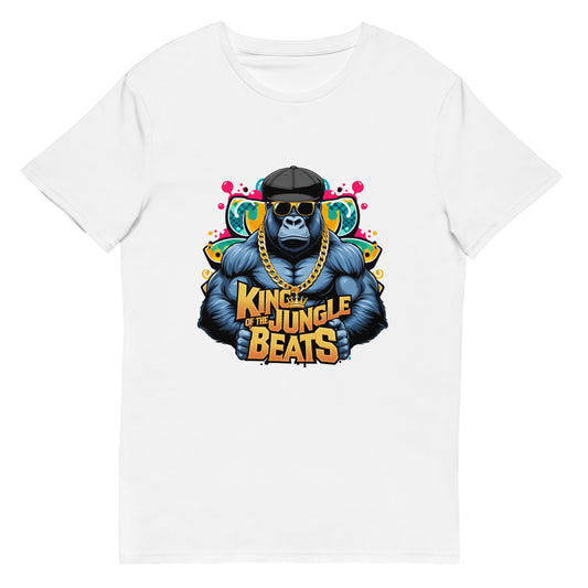 Cool gorilla in sunglasses and gold chain DJ graphic on white t-shirt.