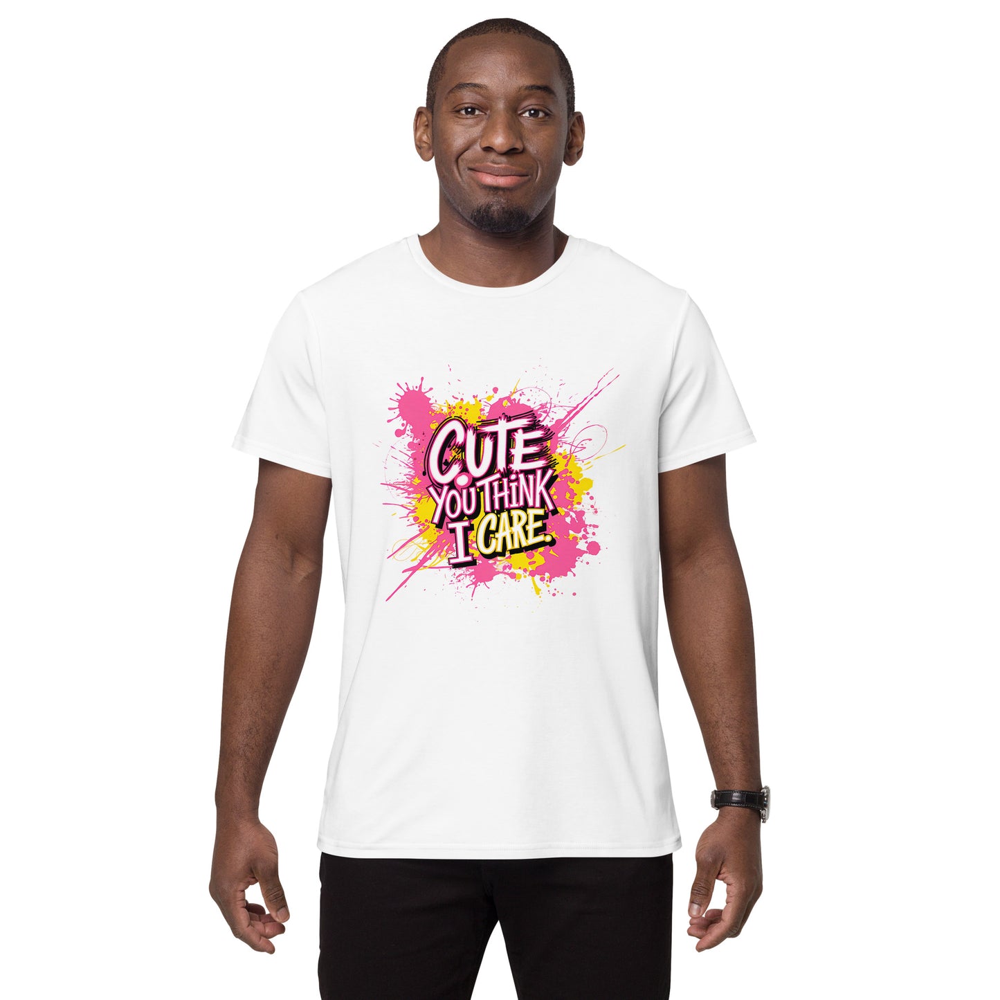 White t-shirt with colourful text “Cute You Think I Care” and paint splatter