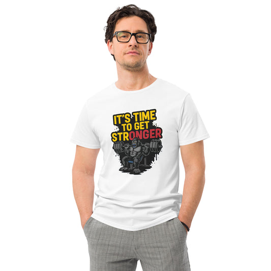 Angry gorilla lifting weights with 'It’s Time to Get Stronger' text design