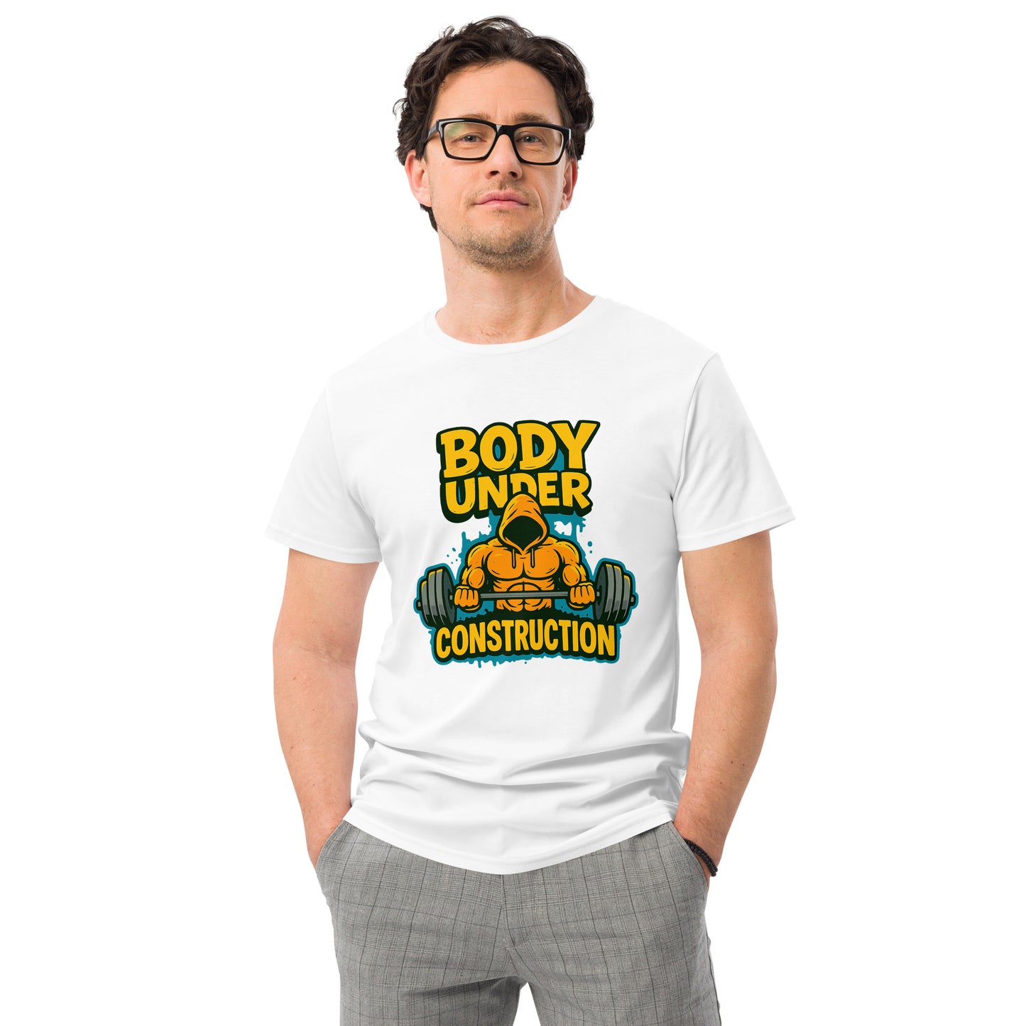 Body Under Construction gym t-shirt with bold DTF printed bodybuilding graphic in yellow and teal