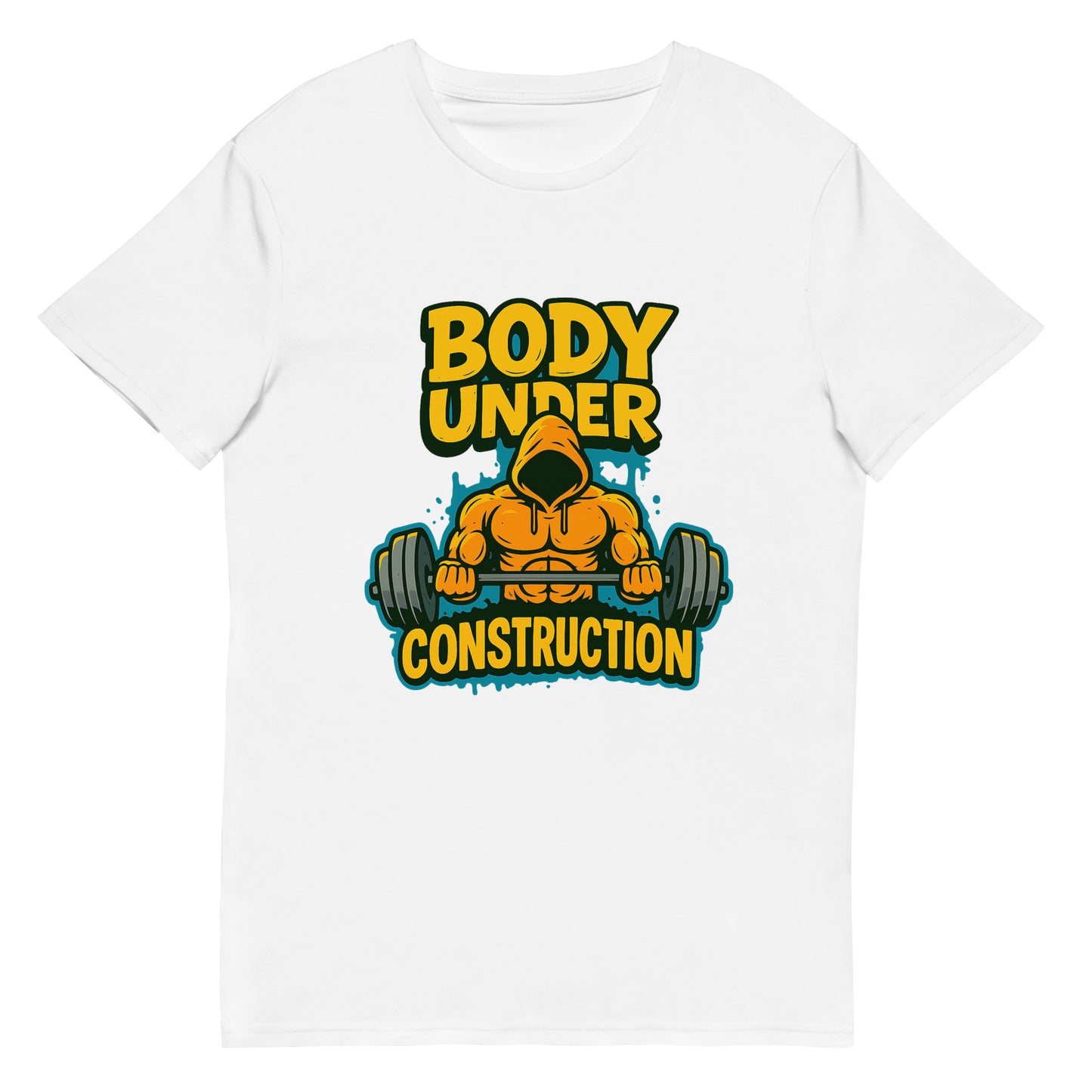 Body Under Construction gym t-shirt with bold DTF printed bodybuilding graphic in yellow and teal