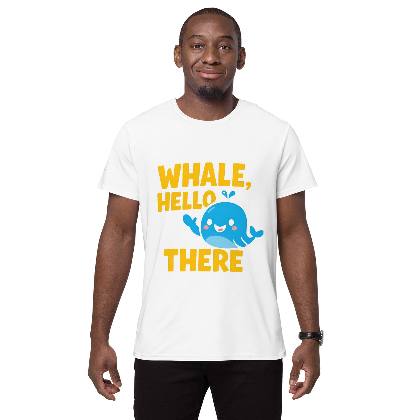Whale Hello There t-shirt with cute blue whale cartoon design in DTF print