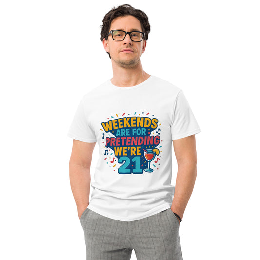 Weekends Are For Pretending We’re 21 funny party t shirt with cocktail glass design in colourful DTF print