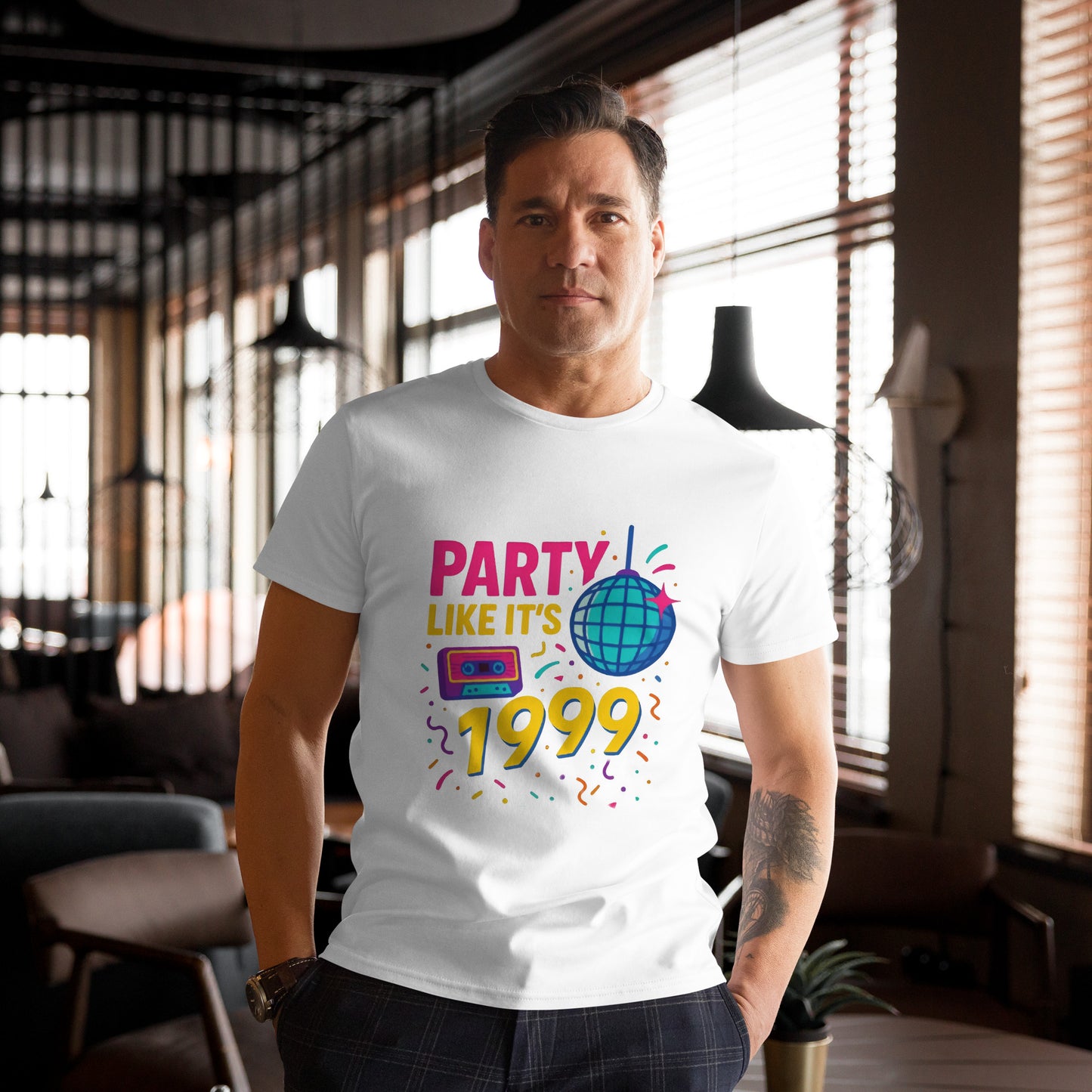Party Like It’s 1999 funny retro graphic t shirt with disco ball and cassette design in colourful DTF print