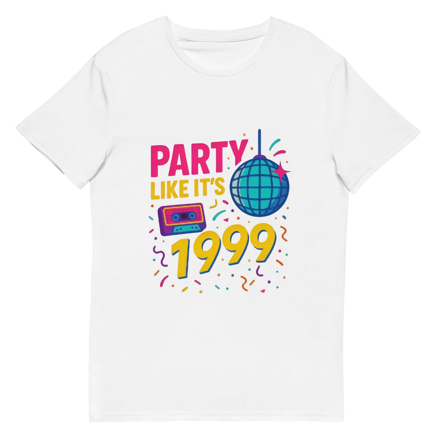 Party Like It’s 1999 funny retro graphic t shirt with disco ball and cassette design in colourful DTF print
