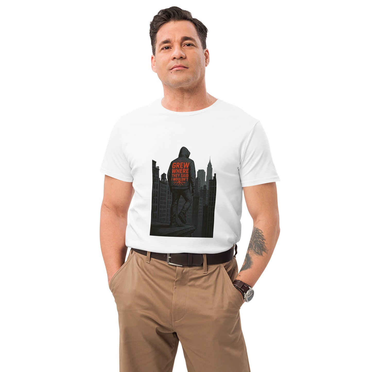 Grew Where They Said I Wouldn’t inspirational graphic t shirt in urban streetwear style with bold red lettering DTF print