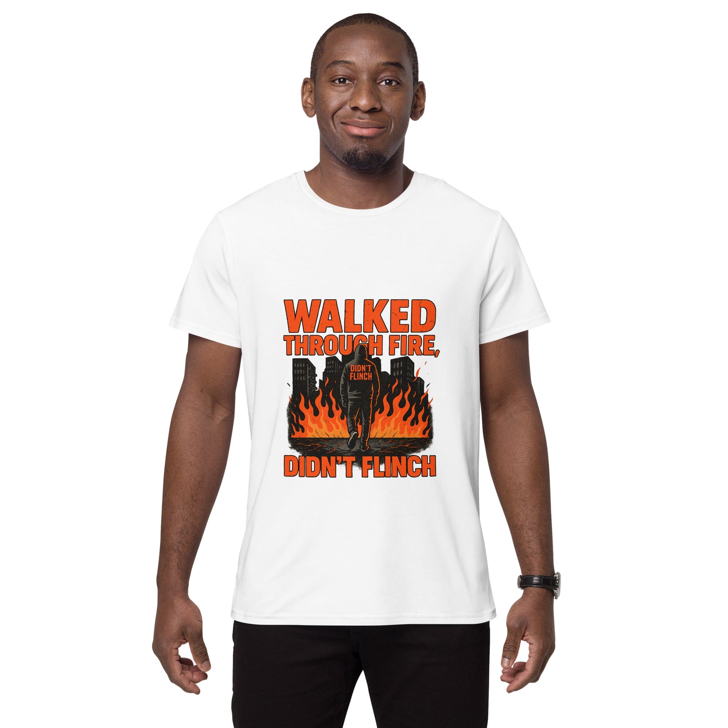 Walked Through Fire Didn’t Flinch motivational streetwear t shirt with bold flame graphic in DTF print
