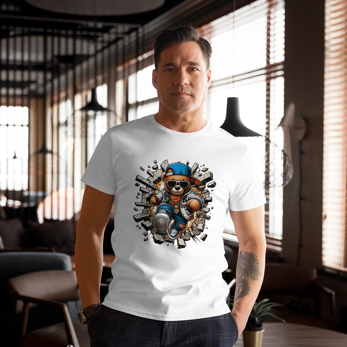 Hip Hop Teddy Bear streetwear t shirt breaking wall graffiti style design DTF print